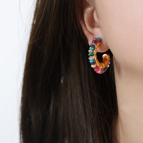 New Retro C-shaped Multicolored Natural Agate Green Ghost Stone Vintage Style Casual Titanium Steel Women's Earrings