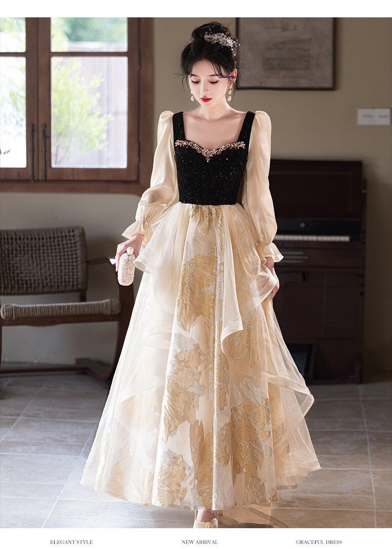 Đầm dạ hội cổ vuông tay dài kiểu Pháp thanh lịch, phù hợp dẫn chương trình, chơi đàn piano — Màu như hình chi tiết 8