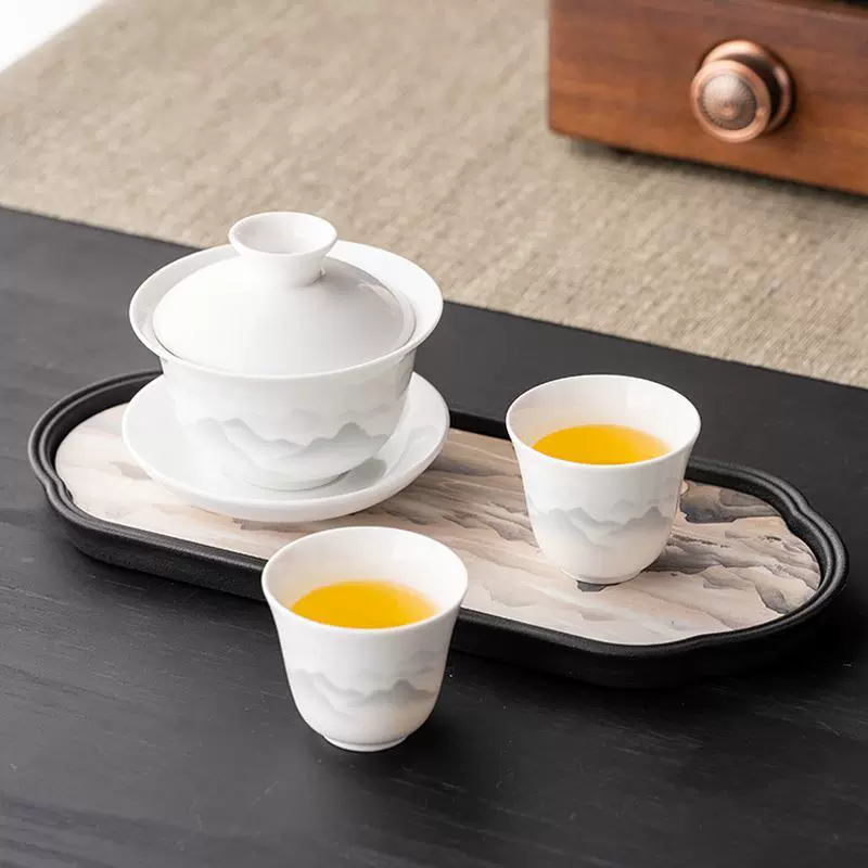 功夫茶具白瓷三才悬停盖碗家用茶杯一壶两杯带茶盘陶瓷品茗茶具