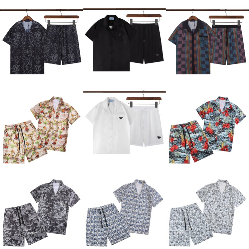 Cross-border wholesale fashion fashion brand pujia family men's and women's full-length printed beach short-sleeved shirt suit