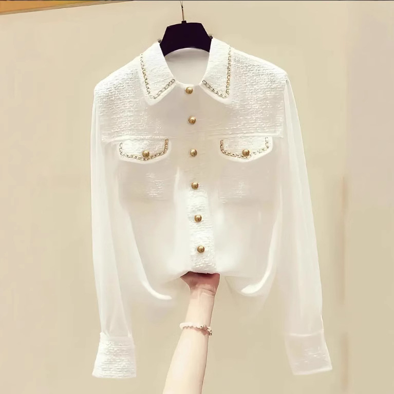 25 Autumn and Winter New Internet Celebrity Same Style Shirt Chain Gold Silk Braided Tweed Jacket Splicing Top for Women