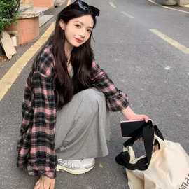 学院风黑粉格子衬衫防晒上衣女2025宽松休闲长袖衬衣外套
