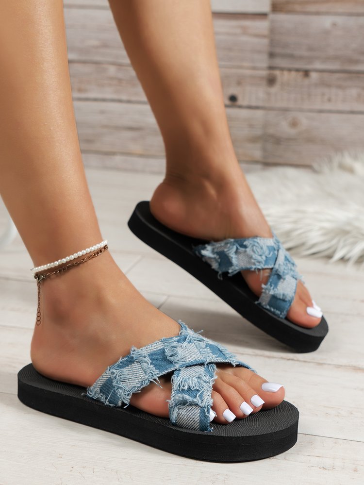 Tante Denim Plaid Hausschuhe für Damen 2024 Sommer neuer Außenhandel grenzüberschreitender bequemer atmungsaktiver Sandalen mit dicker Sohle 42_voghion.com