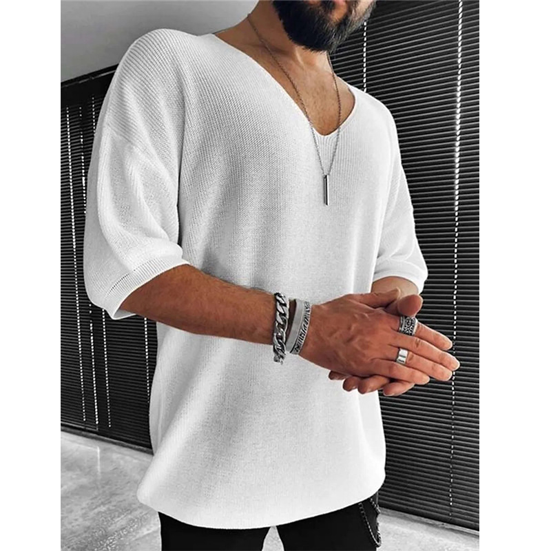 outono nova camisola de malha casual para homens meia manga com decote em sólidos jumpers topos moda magro ajuste camisolas dos homens streetwear