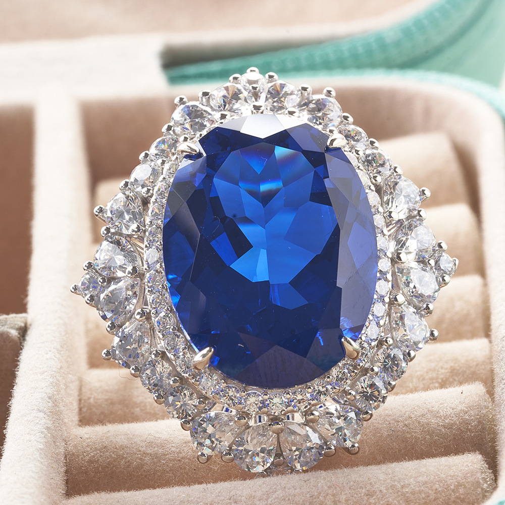 S925 plateado de cinco capas de espesor incrustaciones de platino sintético 30 quilates anillo de zafiro emperador transfronterizo en vivo para especial