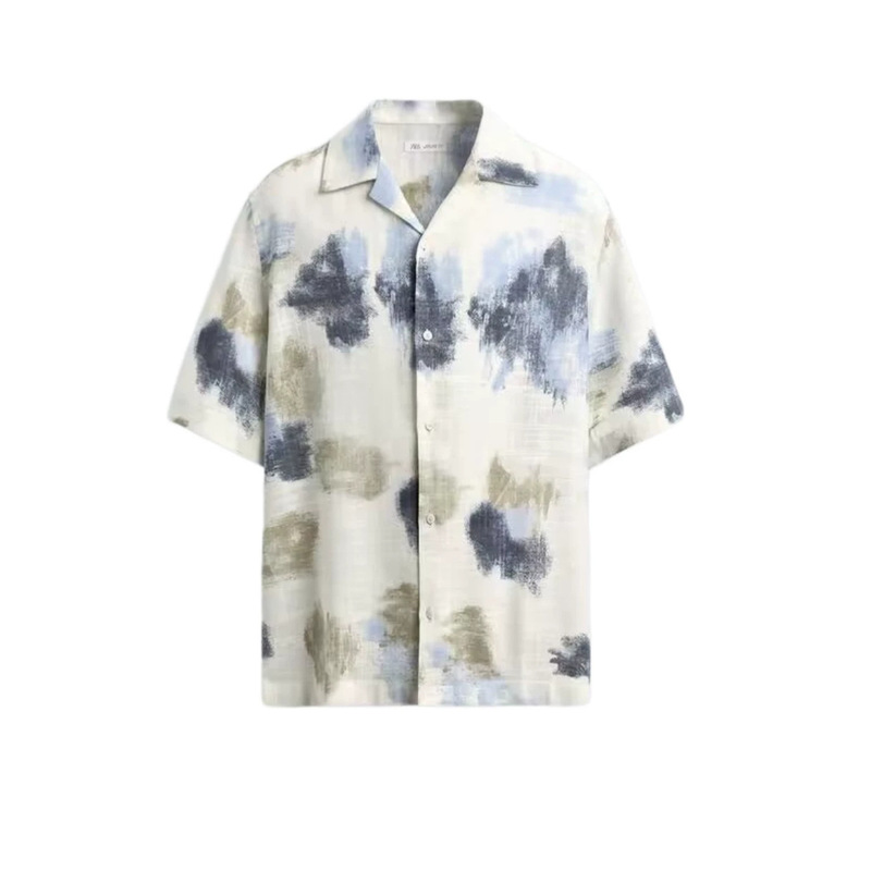 Pb&Za New Trendy Printed Polo Collar Short-Sleeved Shirt for Men, Fashionable and Versatile, Artistic Casual Loose Top