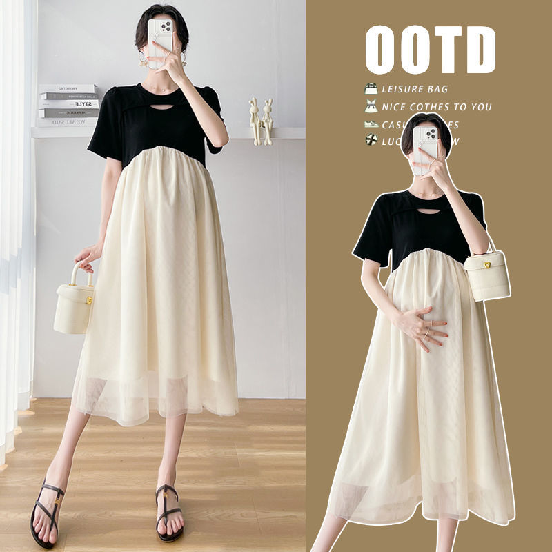 孕婦裝夏裝時尚假兩件拼接雪紡短袖連衣裙2024新款孕婦裙夏季裙子