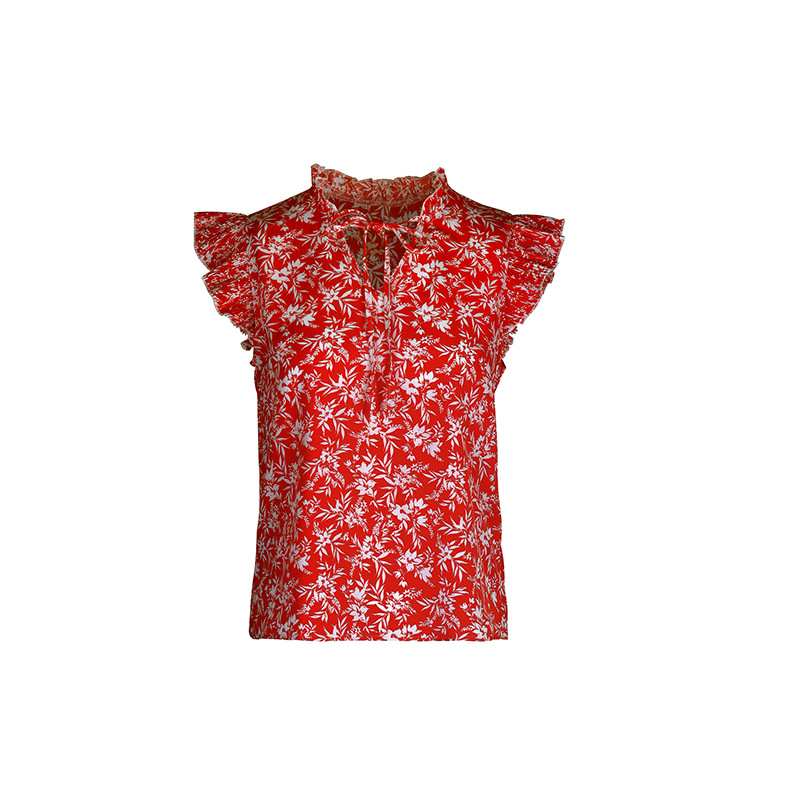 Camisa vermelha estampada com babados de manga curta com cadarço_voghion.com