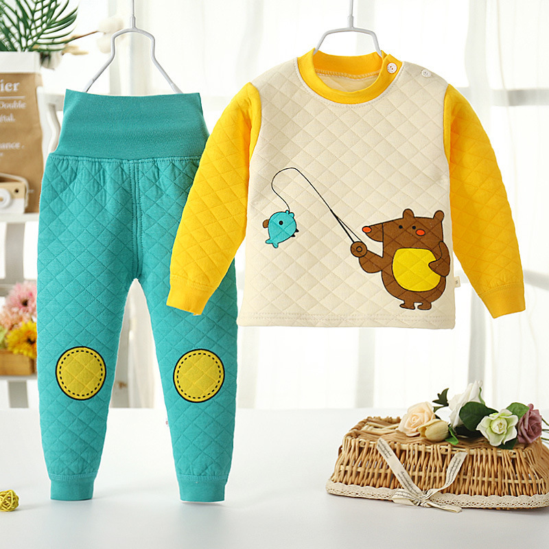 Autumn and winter children's thermal underwear suit three-layer cotton baby high waist belly fleece-lined thick autumn pants wholesale