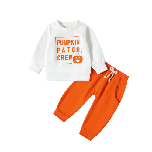 Spring and Autumn Halloween Pumpkin Children's Long-sleeved Sweater Set New European and American men and girls casual letter suit