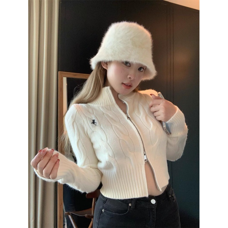 麻花刺绣立领毛衣外套女冬季双拉链针织开衫白色修身短款长袖上衣|undefined