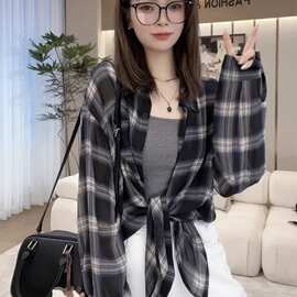 格子防晒衣衬衫薄款外套女夏季新款休闲宽松薄纱外穿开衫雪纺上衣