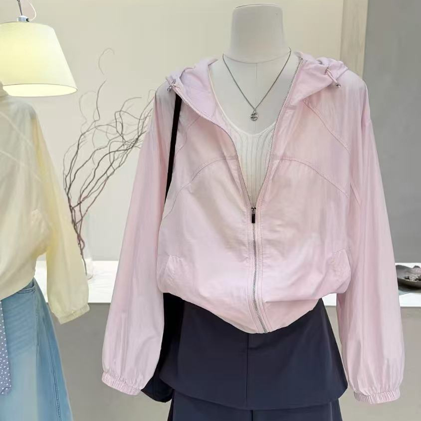Korean style hooded casual sun protection jacket, new summer style, simple, loose, drawstring, slimming sun protection shirt for women.