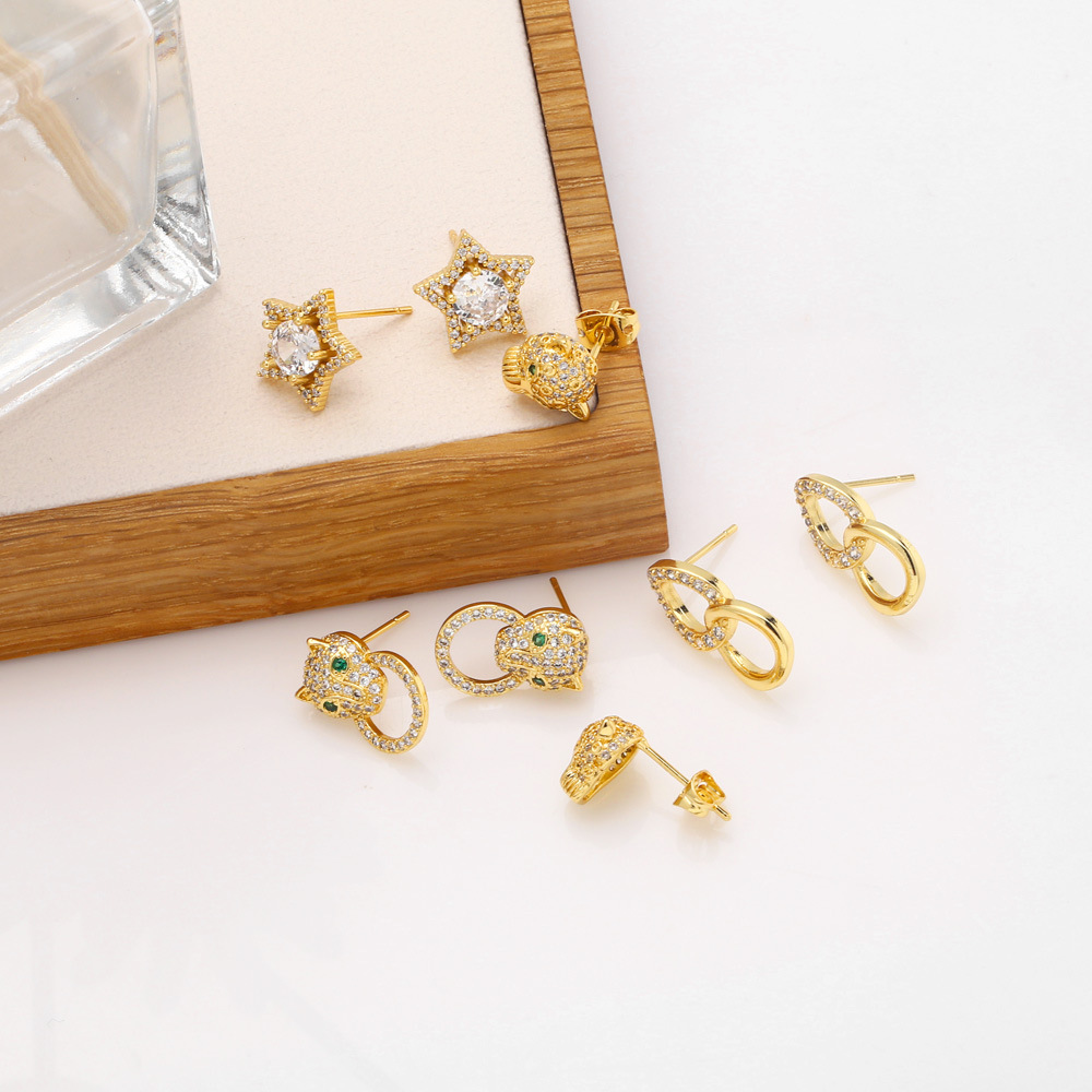 Fashion Animal Leopard Head Shaped Copper Ear Studs Female