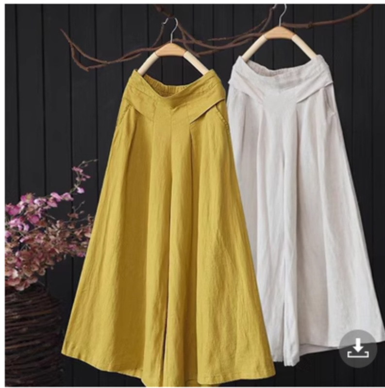 Loose-Fitting Artistic Cotton-Linen Wide-Leg Skirt Pants for Women, 2026 Summer Semi-Elastic High-Waisted Casual Slimming Cropped Pants