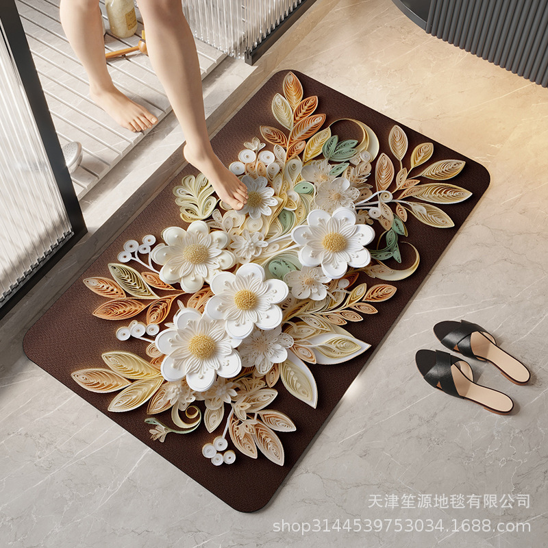 跨境硅藻泥立体花卉地垫浴室防滑垫家用卫生间进门入户速干软脚垫|undefined
