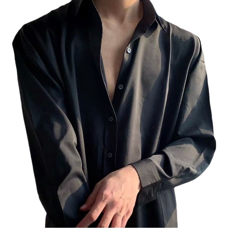 Seda de hielo prohibida INS elegante drapeado casual no planchar camisa negra blanca camisa de hombre Ruan Shuai estilo coreano Suelto