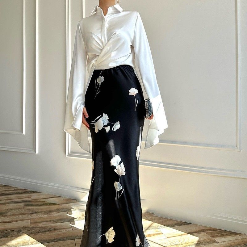 2024秋季新款欧美亚马逊外贸跨境翻领缎面喇叭袖衬衫包臀裙套装女