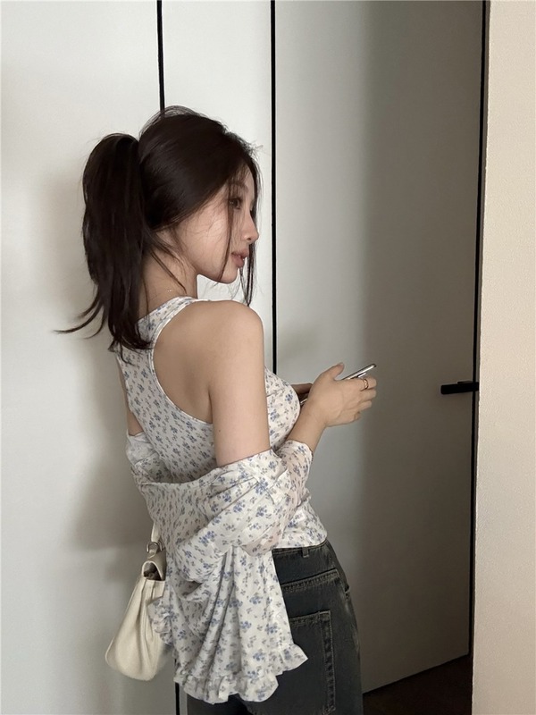 韩系甜美长袖开衫防晒外套女早秋温柔内搭碎花吊带背心上衣两件套|undefined