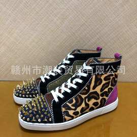 cl andgz男鞋闪粉豹纹马毛鞋头钉高帮红底鞋铆钉女鞋休闲情侣板鞋