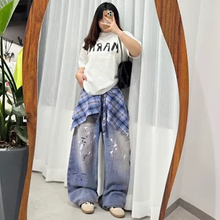 【跨境外贸专供】美式复古拼接休闲阔腿裤宽松设计牛仔裤男女同款