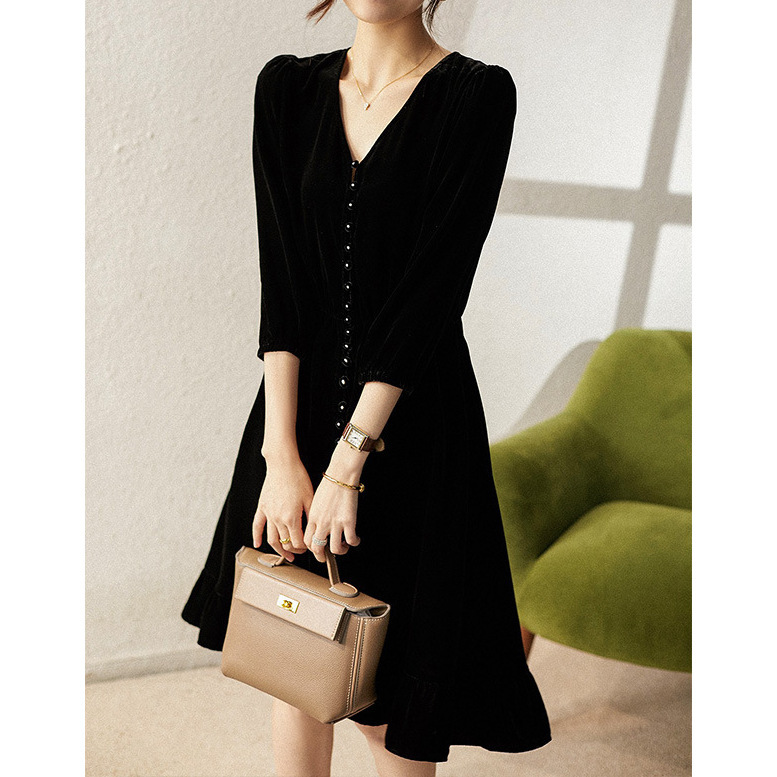Silk Velvet Little Black Dress V-Neck Mulberry Silk Dress 2026 New Women's Black Mid-Length Dress