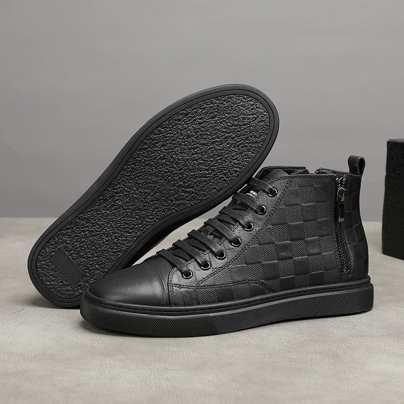 Осенне-зимняя кожаная повседневная обувь на молнии, трендовые мужские теплые клетчатые короткие сапоги на флисовой подкладке, шерстяная подкладка, поколение волос