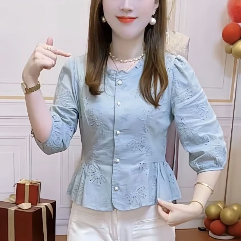 Lace Collar Early Autumn New Style Hollow Jacquard Sweet and Fashionable Belly-Covering Slimming Short Style Shirt
