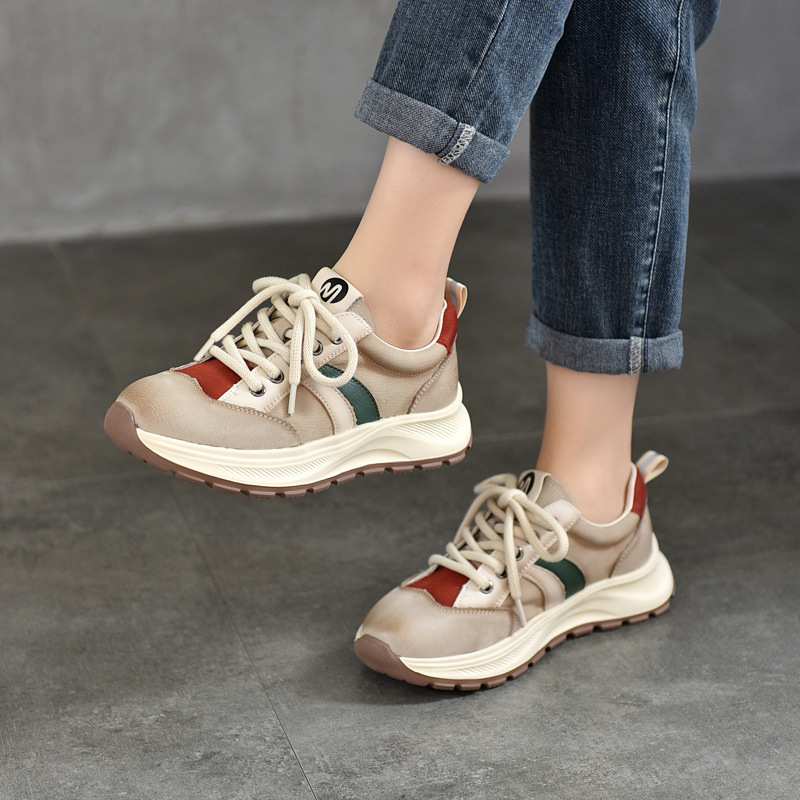 Spring Style Retro Color-Blocked Low-Top Casual Shoes Made of First-Layer Cowhide, Lightweight Thick-Soled Women's Shoes, Lace-Up Genuine Leather Single Shoes for Women