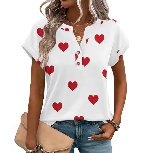 2026 Cross-Border Foreign Trade Independent Site Summer New Heart-Shaped Flower Print Versatile V-Neck_ecoleips.com