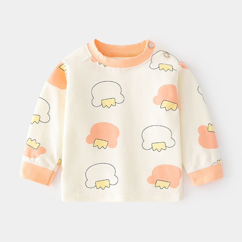 Baby Autumn Clothes, Infants Pure Cotton Printed Retro Cotton Cartoon Children Spring Autumn Innerwear Base Layer Top with Shoulder Opening