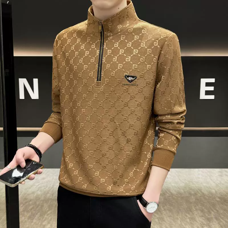 Pilkardan весна и осень 2025 мужской повседневный свитер стоячий жаккардовый топ футболки с длинными рукавами на молнии