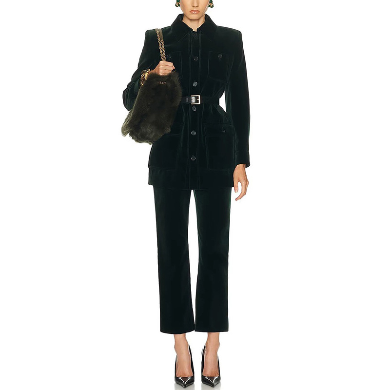 Nanyou Multi-Pocket Velvet Mid-Length Padded Shoulder Blazer Autumn and Winter New Lace-Up Waist-Cinching Hunting Jacket for Women