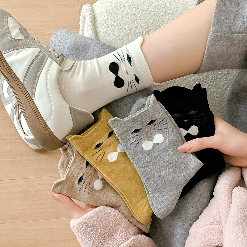 韓系立體貓咪襪子女卡通可愛無骨堆堆襪東大門中筒襪白色棉襪