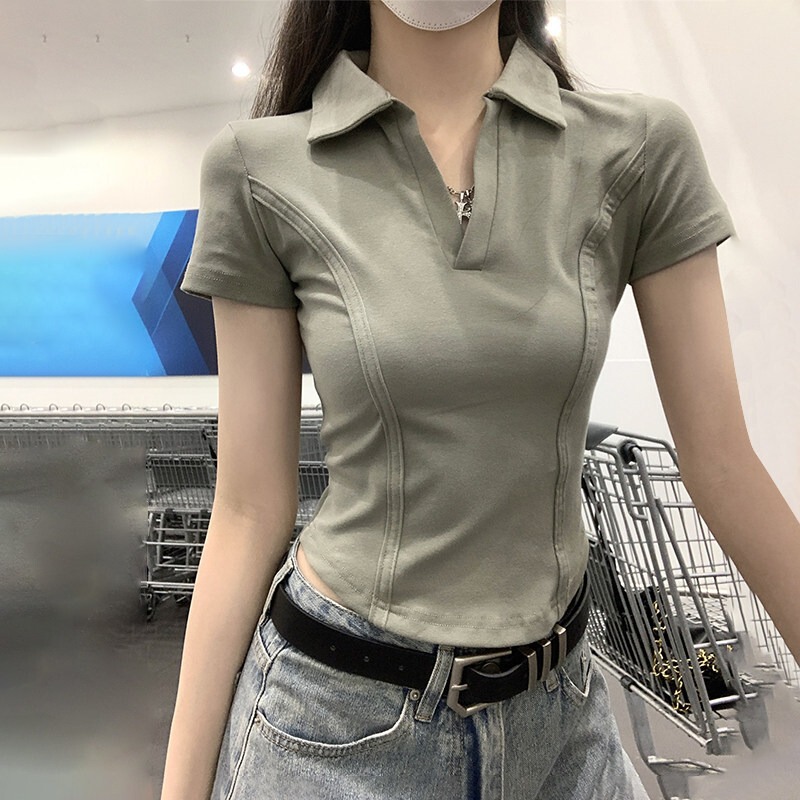 Retro Hong Kong Style V-Neck Fishbone Line Slim-Fit Short-Sleeve T-Shirt for Women, Summer Korean Version with Curved Hem Polo Shirt Top Retro Hong Kong Style V-Neck Fishbone Line Slim-Fit Short-Sleeve T-Shirt for Women, Summer Korean Version with Curved Hem Polo Shirt Top