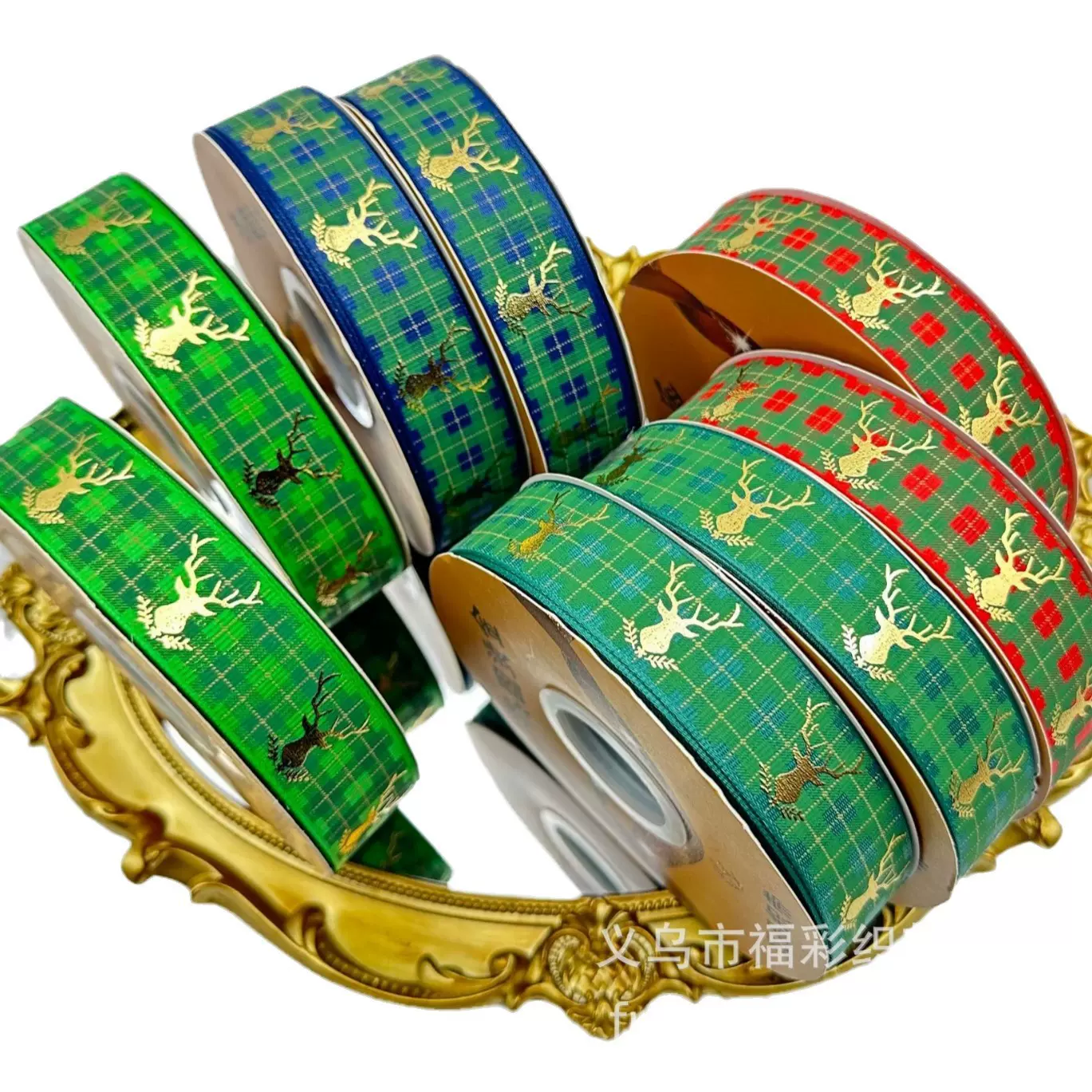 2.5cm跨境圣诞织带 高品质热固烫金 圣诞节装饰丝带 圣诞树麋鹿