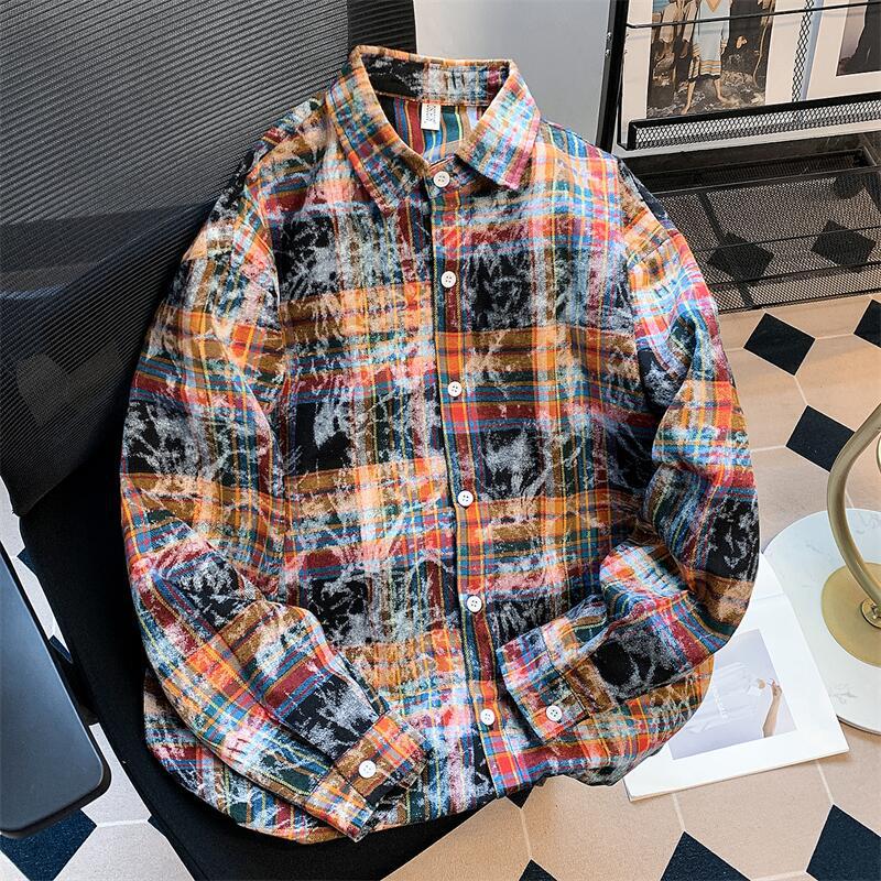 Plaid splash-ink 2024 Spring and Autumn New Japanese retro jacket shirt men's fashion brand casual shirt coat foreign trade