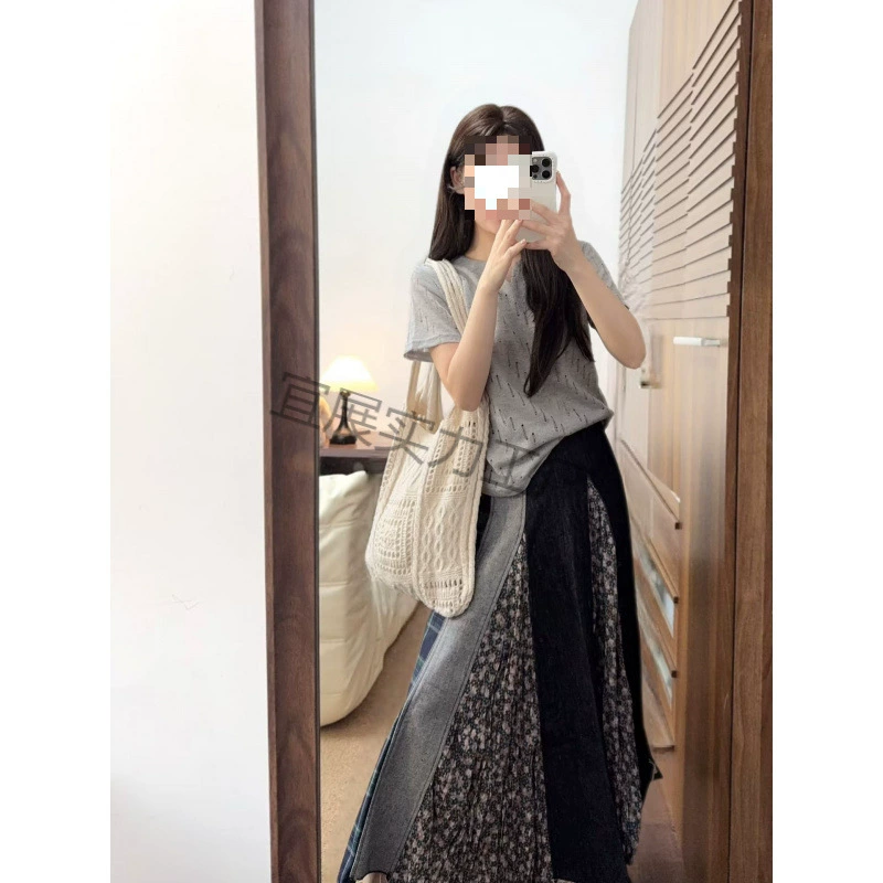 不规则拼色牛仔半身裙女夏一整套小众复古正肩短袖T恤上衣设计感