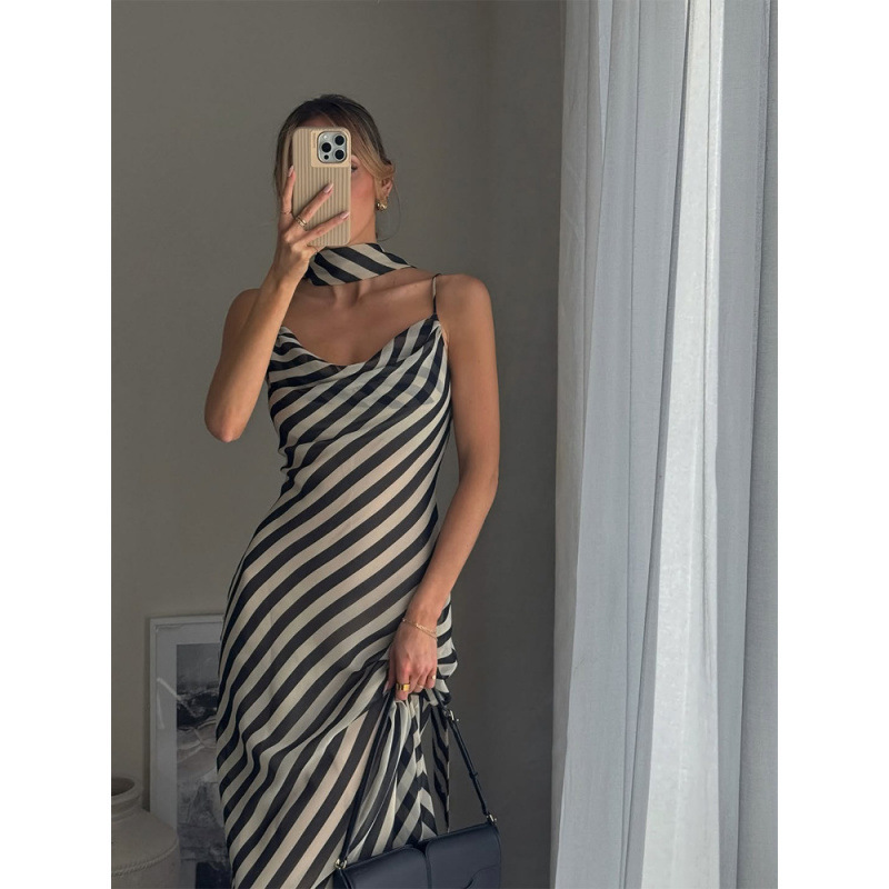 In-Stock Vintage-Style Twill Draped Tie-Neck Strap Long Dress 2026 New Model Cross-Border European and American Style