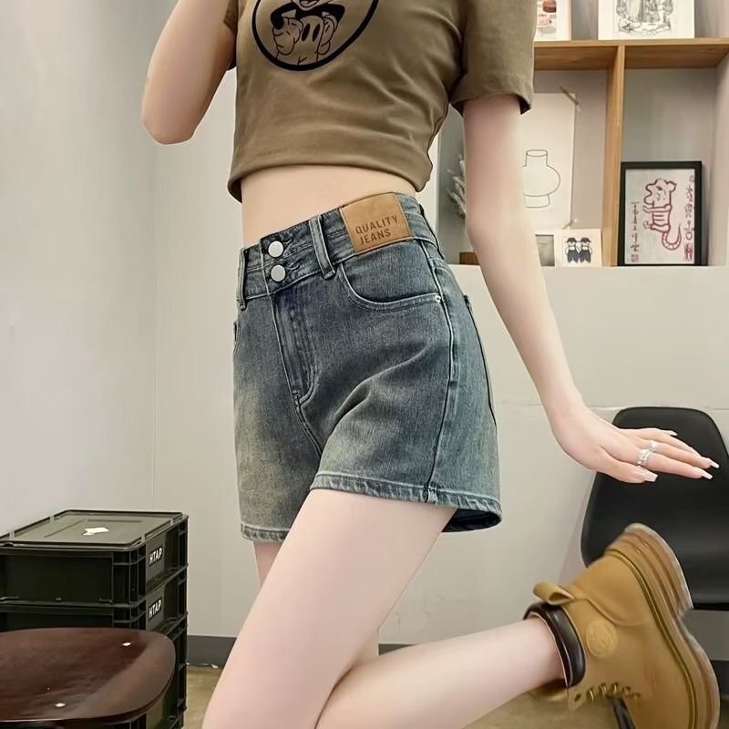 american Retro High Waist Denim Shorts Women's 2024 Summer New Casual Loose a-line Slim Straight Hot Pants