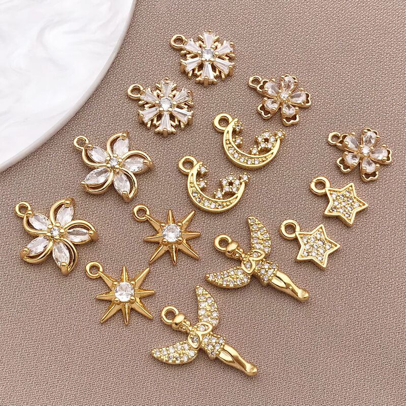 18K Copper Plated Real Gold Peach Heart Lock Zircon Pendant Star Moon Angel DIY Necklace Earrings Jewelry Accessories Materials