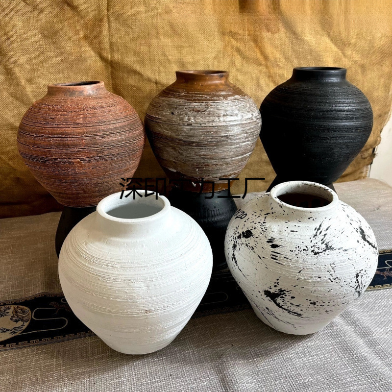 Chinese Vase, Retro Handmade Ornaments, Large Diameter Flower Arrangement, Dried Flowers, Stoneware Pot, Hydroponic Flower Device, Wabi-Sabi Style Vase