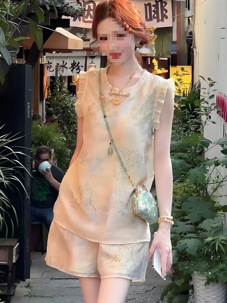 Bộ quần áo mùa hè nữ 2 món tay lỡ ngắn + quần short, phong cách tân cổ điển Trung Quốc, màu hạnh nhân — Màu sắc hạnh phúc chi tiết 3