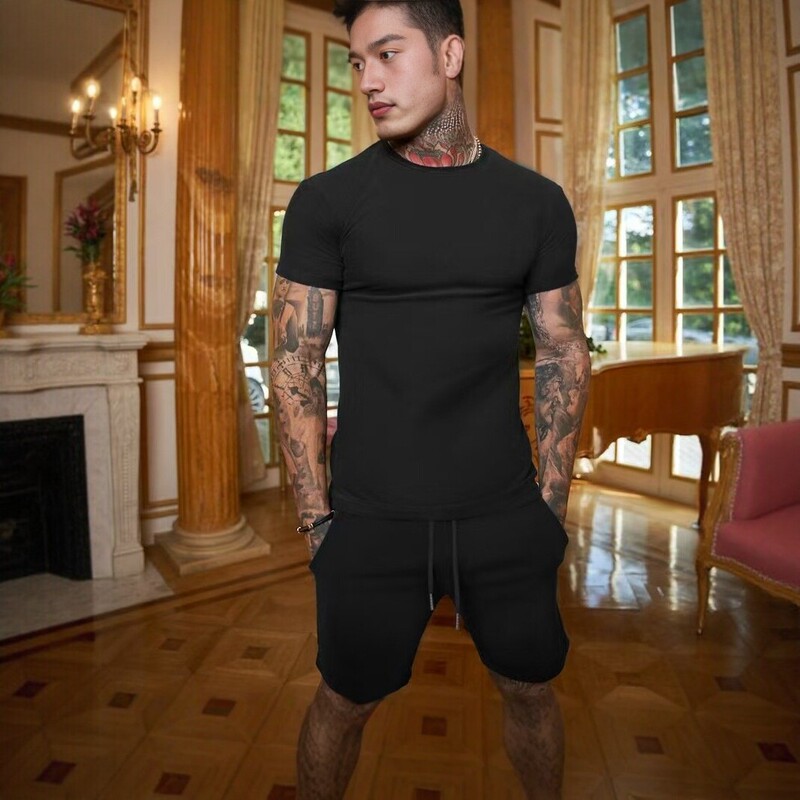 Summer European and American cross-border men's slim-fit short-sleeve and shorts athletic set, solid color, casual, fitness, two-piece set, in stock Summer European and American cross-border men's slim-fit short-sleeve and shorts athletic set, solid color, casual, fitness, two-piece set, in stock