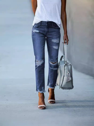 Source Origin Amazon Wish Cross-border Independent Store Women's Slimming Solid Color Easy-to-Wear Hole Straight Leg Jeans