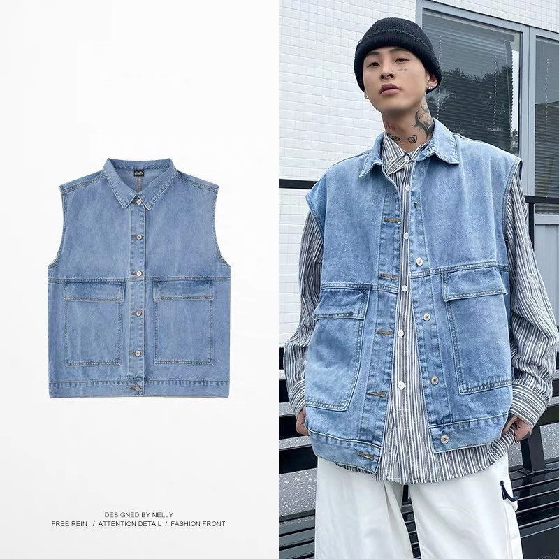 Men's Workwear Denim Vest Spring and Autumn Vest Jacket Bf Style Loose Sleeveless Vest Men's Workwear Style