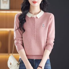 鸿2070春秋polo领女上衣长袖洋气减龄宽松新款毛衣翻领针织打底衫