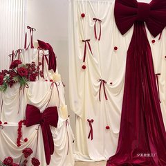 2025结婚生日周岁布幔红丝绒巨型三层蛋糕kt版蝴蝶结简约大气晨袍