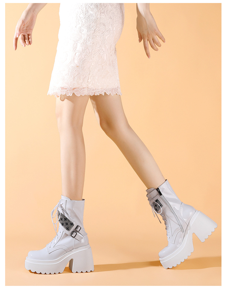 Boot nữ cổ ngắn phong cách Anh quốc, gót vuông 10cm, đế platform, khóa kéo bên hông — Lót nhung đen chi tiết 8