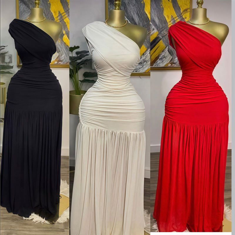 Europe and the United States cross-border women's clothing 2025 spring new solid color sleeveless slant collar pleated slim split long dress